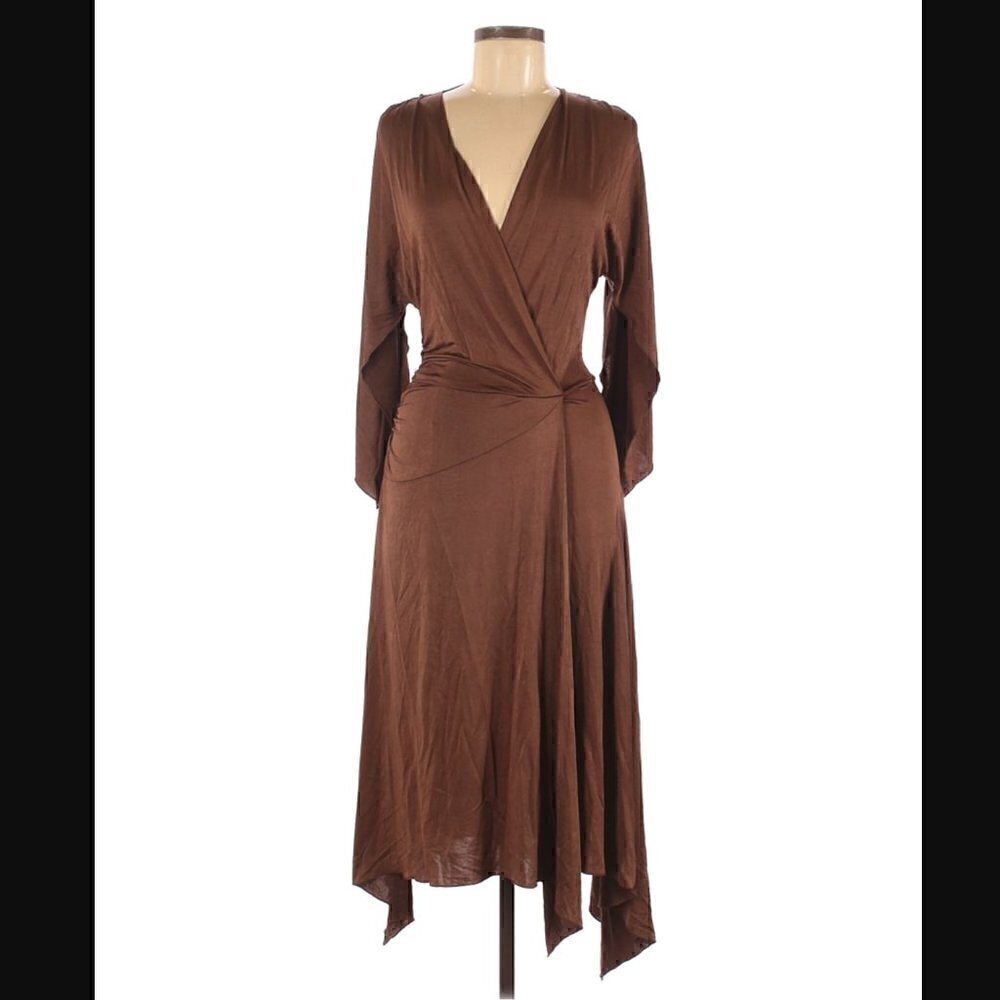 Black Halo Dress M Faux Wrap Asymmetrical Handkerchief Hem Dark Brown Copper